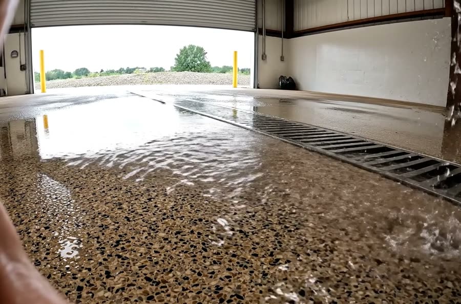 Textured non-slip coating draining in a wash bay